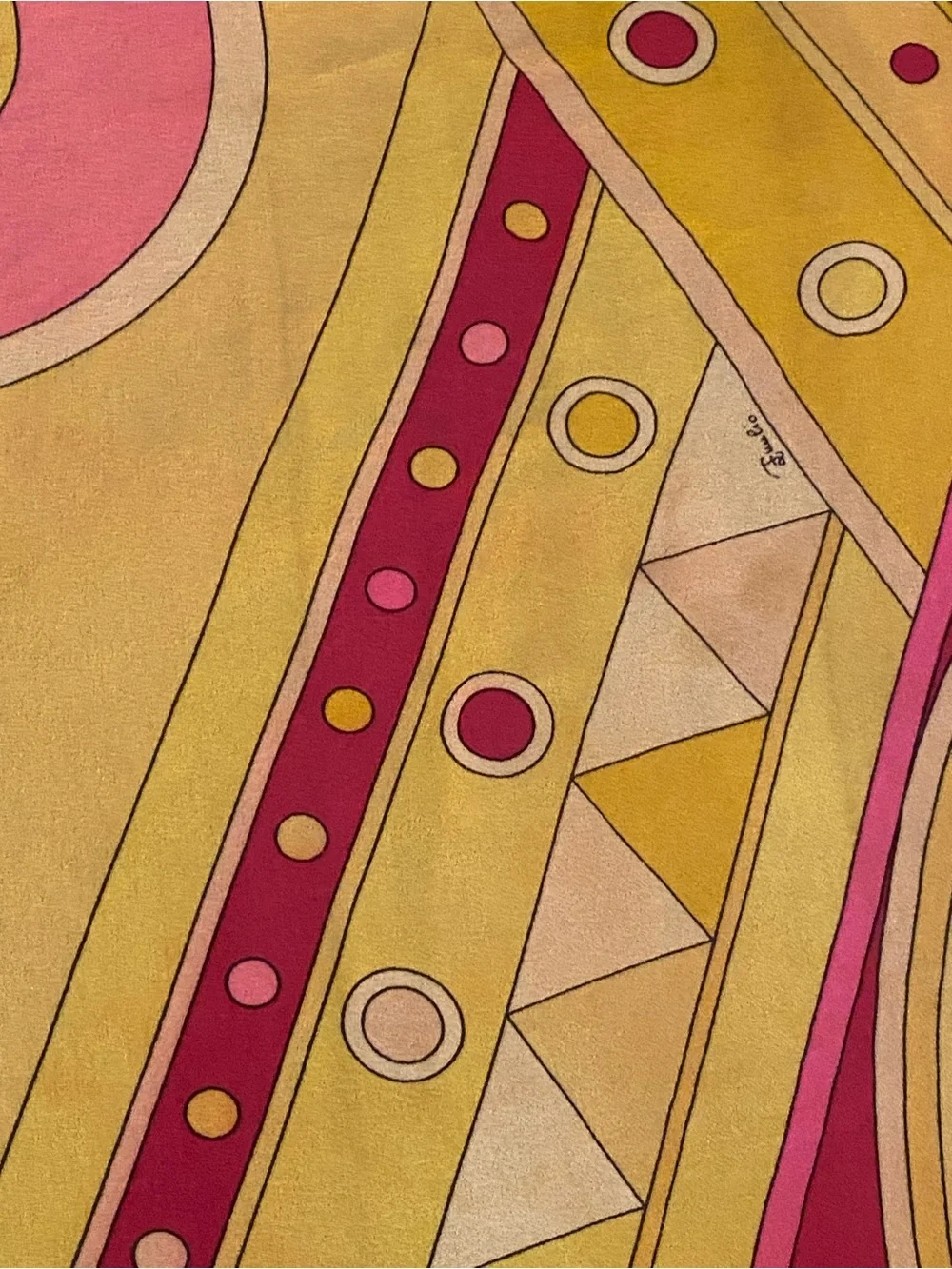Vintage Mid Century Emilio Pucci Geometric Pink & Yellow Large Silk Scarf